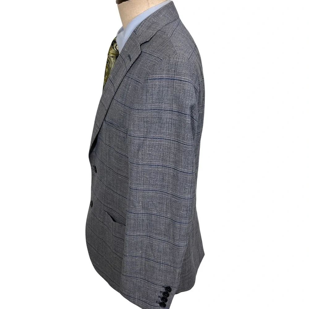 Hart Schaffner Marx Blazer Mens Large Blue Glen Plaid Surgeon Cuffs Linen Jacket